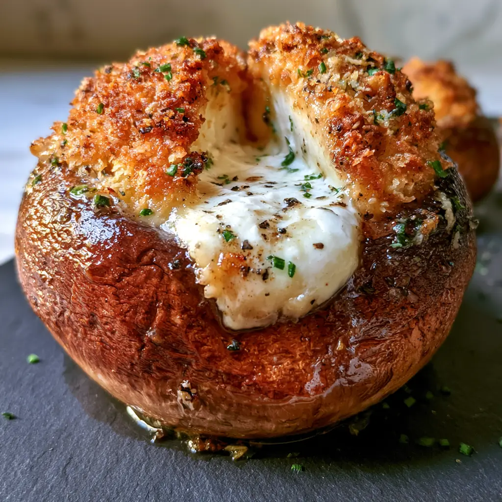 Goat Cheese Stuffed Mushrooms with Garlic and Herbs 1 A Goat Cheese Stuffed Mushroom sliced open to reveal the steaming, thick garlic and herb cheese interior.