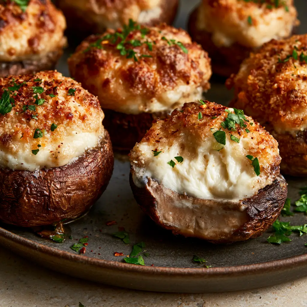 A sliced Garlic Parmesan Stuffed Mushroom revealing a meaty interior and steaming cream cheese filling.