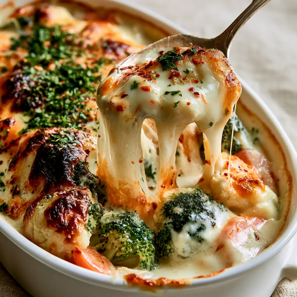 Cheesy Vegetable Casserole with Velvety Bechamel and Golden Crust 2 A premium white ceramic baking dish filled with bubbling Cheesy Vegetable Casserole featuring broccoli, cauliflower, and carrots in white sauce.