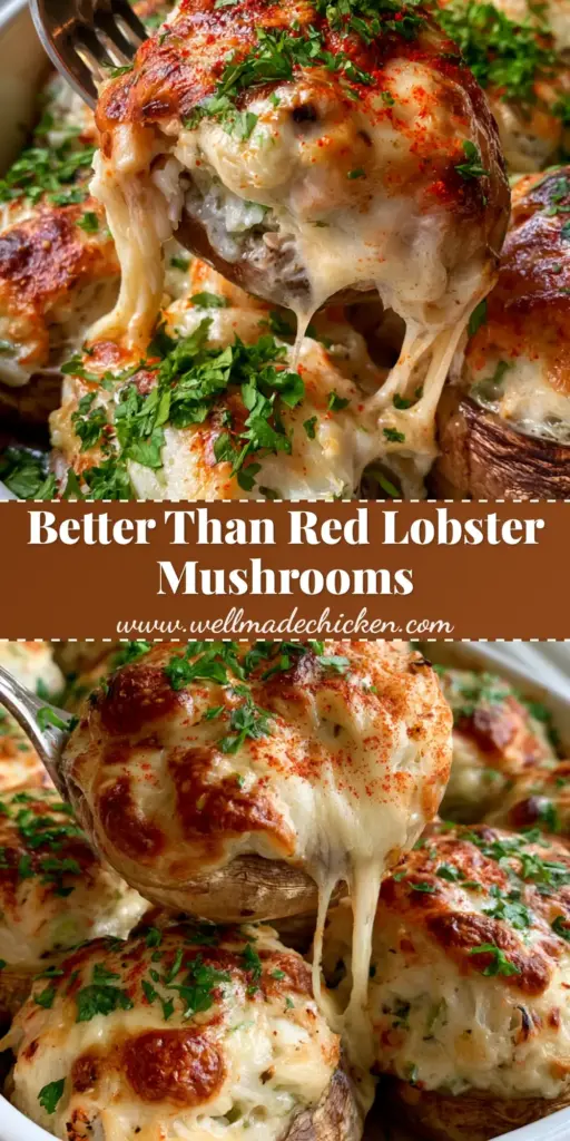Red Lobster Stuffed Mushrooms: The Ultimate Copycat Recipe 4 A close-up vertical shot of Red Lobster Stuffed Mushrooms in a white ceramic dish with a fork lifting one mushroom to reveal a long, gooey cheese pull. (Red Lobster Stuffed Mushrooms)