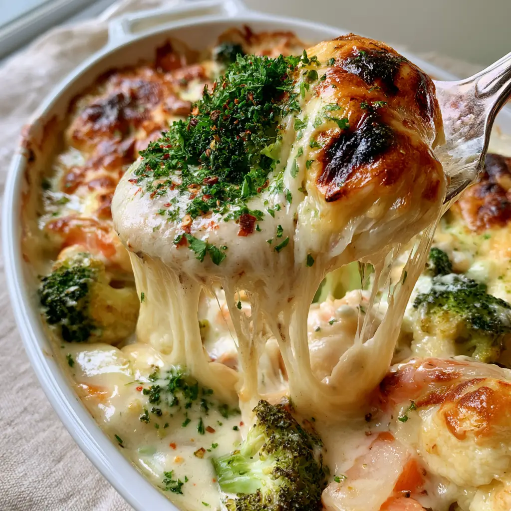 Cheesy Vegetable Casserole with Velvety Bechamel and Golden Crust 1 Top view of Cheesy Vegetable Casserole garnished with fresh emerald-green parsley and red chili flakes on a light rustic linen surface.