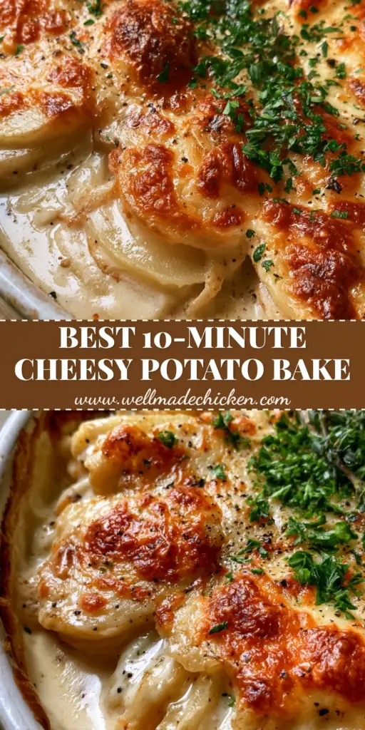 Potato Bake: The Ultimate Creamy Garlic & Gruyere Gratin 4 A rustic white ceramic dish filled with a creamy garlic potato bake featuring vertically stacked Yukon Gold potato slices and a bubbly, toasted Gruyere cheese crust garnished with fresh thyme.