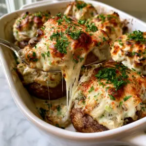 A smartphone photo of a white dish filled with roasted crab-stuffed mushrooms topped with melted Monterey Jack cheese and parsley. (Red Lobster Stuffed Mushrooms)