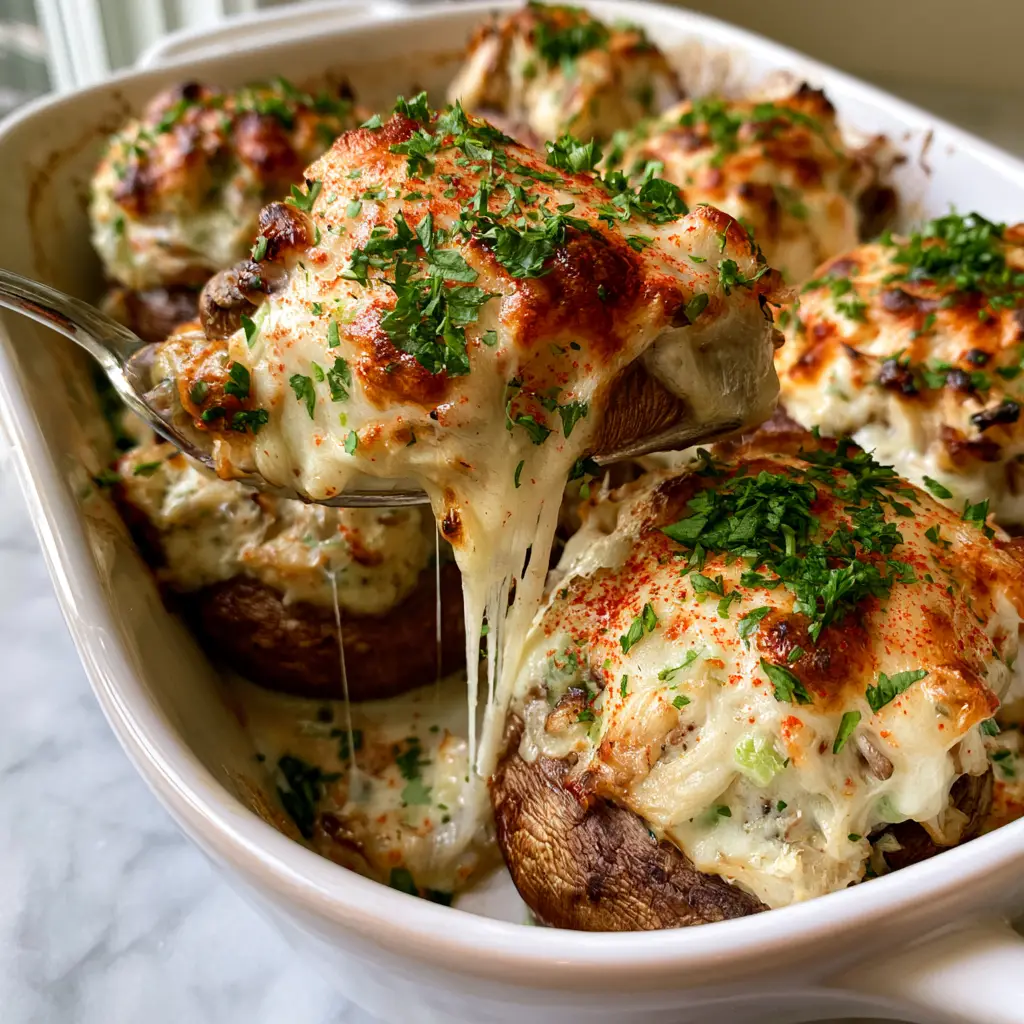 Red Lobster Stuffed Mushrooms: The Ultimate Copycat Recipe 2 A smartphone photo of a white dish filled with roasted crab-stuffed mushrooms topped with melted Monterey Jack cheese and parsley. (Red Lobster Stuffed Mushrooms)