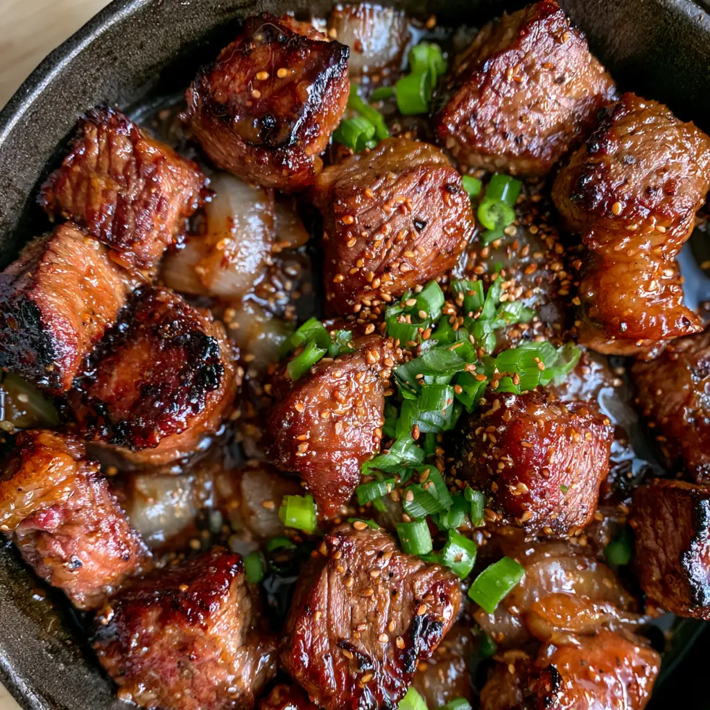 Steak bites dripping in a thick honey-garlic glaze with sesame seeds and scallions.