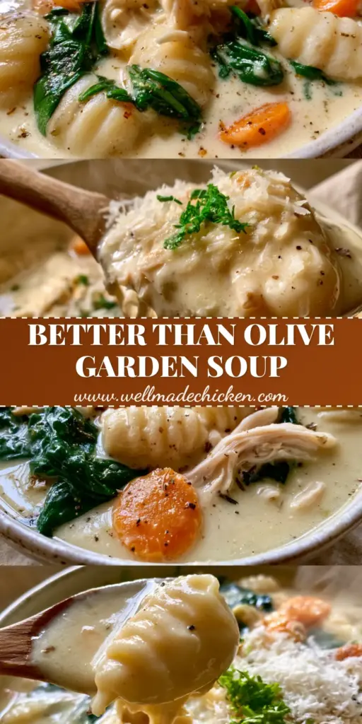 Olive Garden Chicken Gnocchi Soup: The Ultimate Creamy Copycat Recipe 4 A vertical split-screen showing a creamy bowl of Olive Garden chicken gnocchi soup with a wooden spoon lifting a sauce-coated gnocchi.
