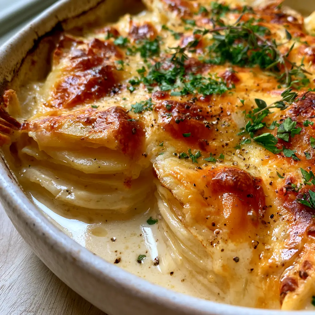 Potato Bake: The Ultimate Creamy Garlic & Gruyere Gratin 2 Extreme close-up of a potato bake showing paper-thin potato layers swimming in a thick, glossy, ivory-colored garlic cream sauce with golden-brown bubbly cheese spots.