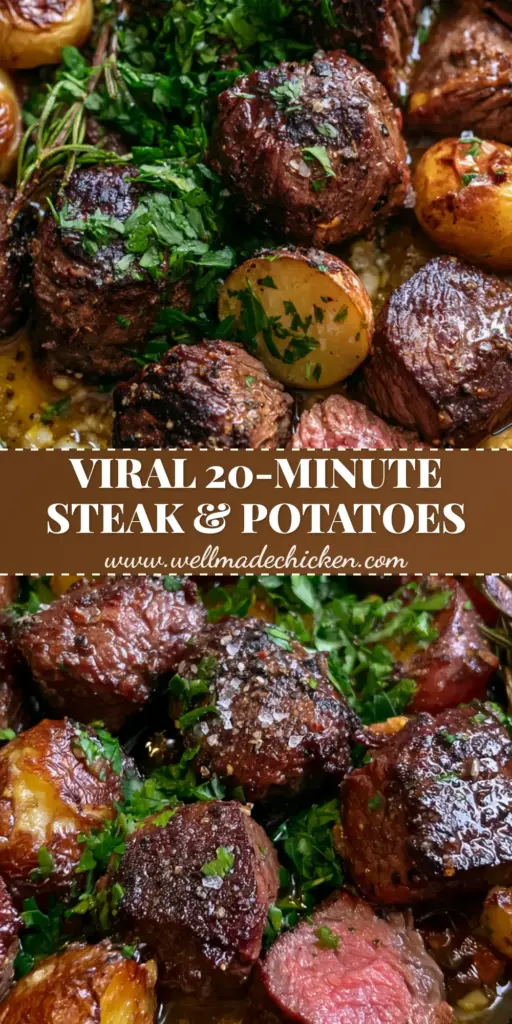Steak Bites and Potatoes with Garlic Butter and Herbs 4 Top-down view of a cast iron skillet filled with seared steak bites and potatoes garnished with parsley and rosemary. (steak bites and potatoes)