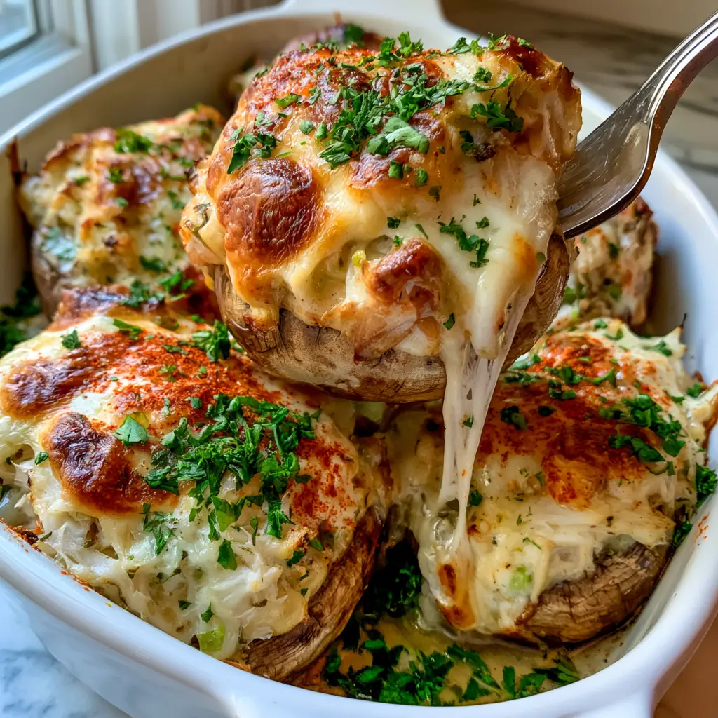 Red Lobster Stuffed Mushrooms: The Ultimate Copycat Recipe 1 Detailed shot of roasted cremini mushrooms filled with lump crab meat and celery flecks, garnished with paprika and parsley.