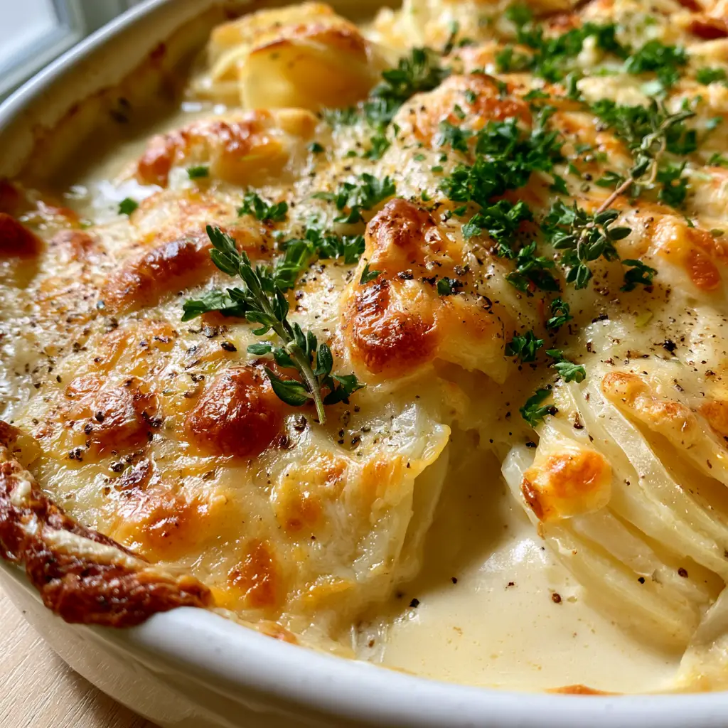 Potato Bake: The Ultimate Creamy Garlic & Gruyere Gratin 1 Detailed shot of a cheesy potato bake featuring a toasted white cheddar crust, cracked black pepper, and vibrant green fresh parsley garnish in a white baking dish.