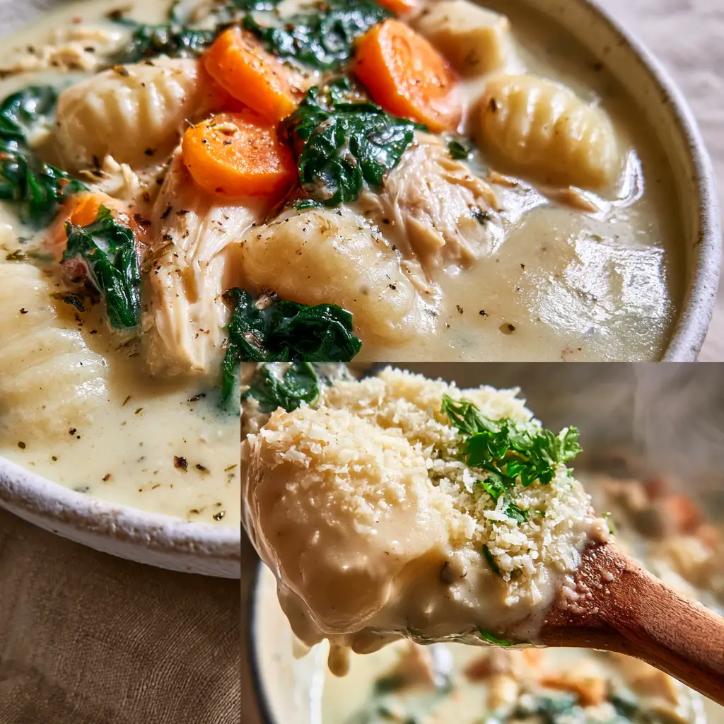 Olive Garden Chicken Gnocchi Soup: The Ultimate Creamy Copycat Recipe 2 Ultra-high-angle macro close-up of ivory-colored Olive Garden chicken gnocchi soup in a white bowl.