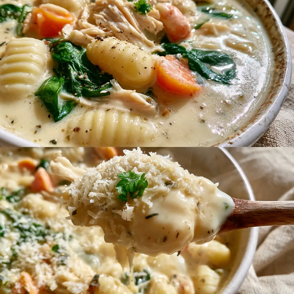 Olive Garden Chicken Gnocchi Soup: The Ultimate Creamy Copycat Recipe 1 Close up of a wooden spoon lifting a heavy, sauce-coated gnocchi from a pot of Olive Garden chicken gnocchi soup.