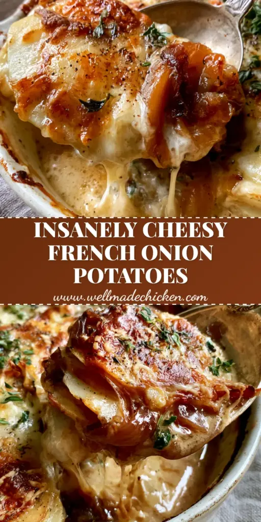 French Onion Potato Bake: The Most Decadent Cheesy Scalloped Potatoes 3 A silver spoon lifting a portion of French Onion Potato Bake from a white dish, showing a stringy cheese pull and jammy mahogany onions. (French Onion Potato Bake)