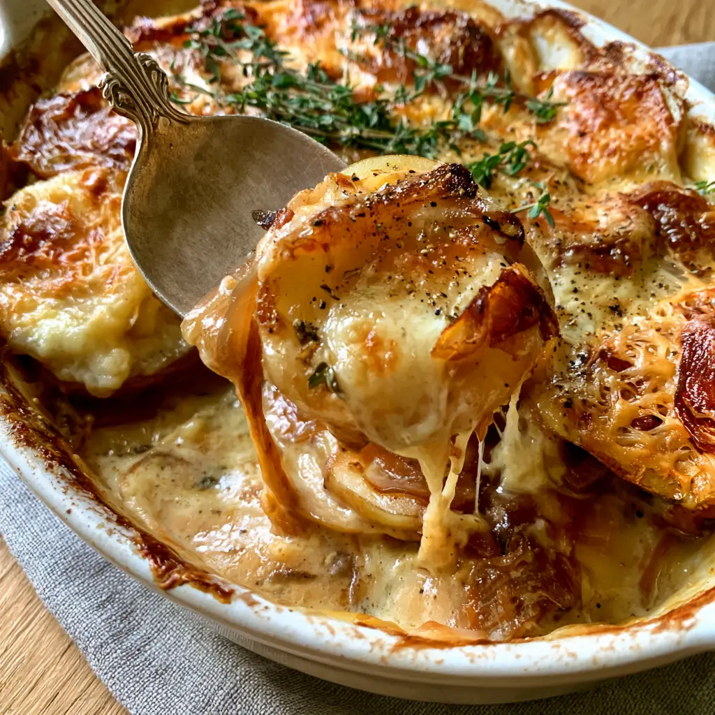 French Onion Potato Bake: The Most Decadent Cheesy Scalloped Potatoes 2 A rustic white ceramic dish filled with French Onion Potato Bake, featuring bubbling Gruyere and fresh thyme garnish. (French Onion Potato Bake)