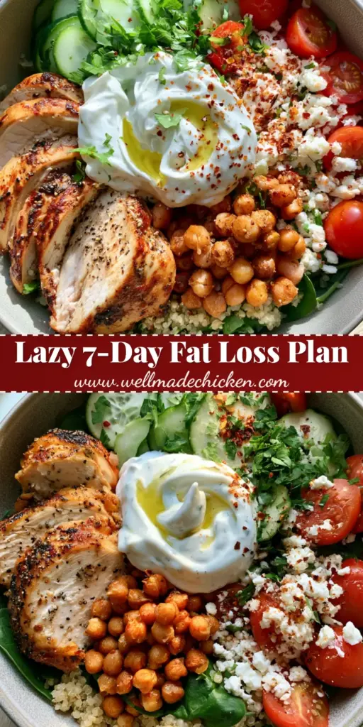 Weight Loss Meal Plan: High-Protein Mediterranean Chicken & Quinoa Bowl 4 A vibrant weight loss meal plan bowl featuring seared chicken, quinoa, spinach, and tzatziki sauce.