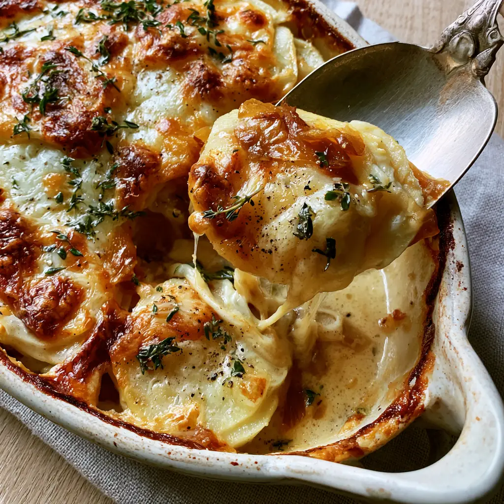 French Onion Potato Bake: The Most Decadent Cheesy Scalloped Potatoes 1 Close up of the toasted cheese edges and mahogany caramelized onions in a French Onion Potato Bake.