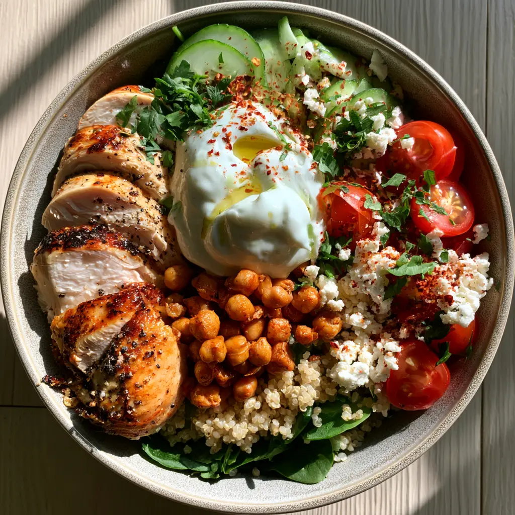 Top-down view of a seared chicken and quinoa bowl, a perfect weight loss meal plan option.