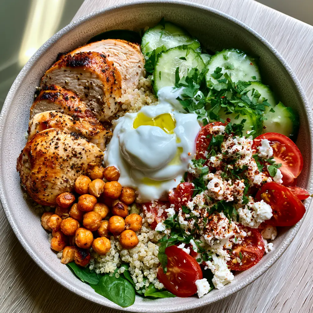 Weight Loss Meal Plan: High-Protein Mediterranean Chicken & Quinoa Bowl 1 Close up of roasted chickpeas and fresh vegetables in a weight loss meal plan bowl.