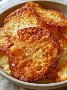 Close up of lacy, web-like texture of crispy cottage cheese chips with visible sea salt flakes. (Crispy cottage cheese chips)