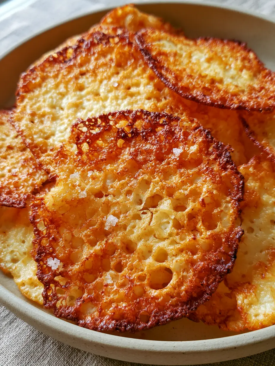 Crispy Cottage Cheese Chips: The Ultimate High-Protein Lacy Snack 3 Close up of lacy, web-like texture of crispy cottage cheese chips with visible sea salt flakes. (Crispy cottage cheese chips)