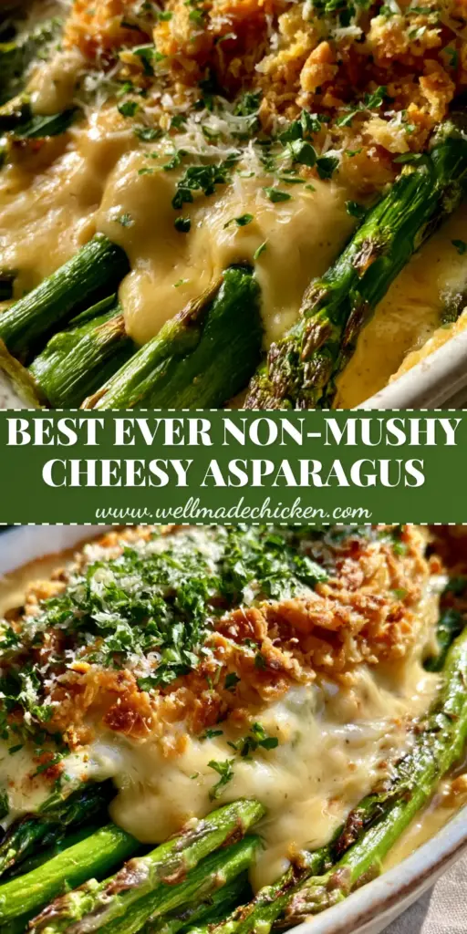 A close-up vertical shot of a cheesy asparagus casserole with emerald green spears, bubbling Gruyere sauce, and a golden cracker crust.