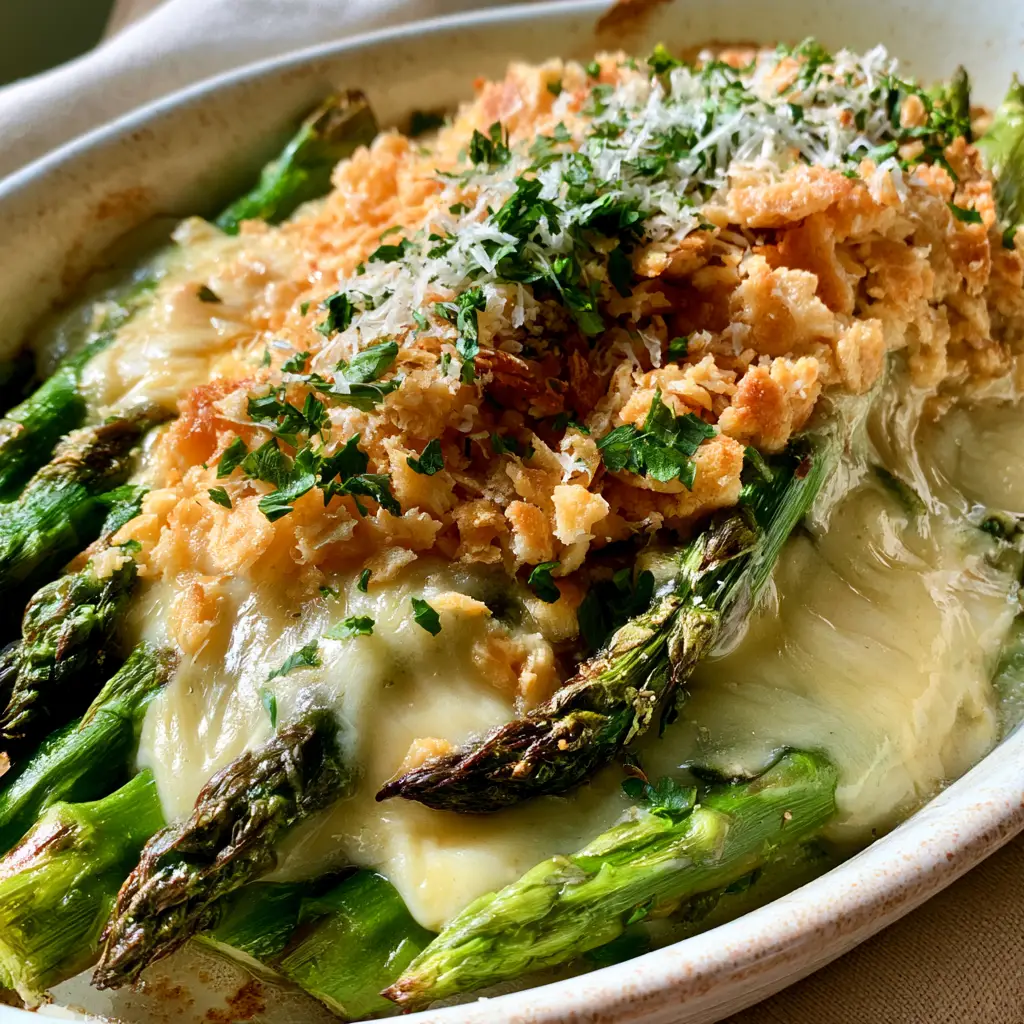 Close-up of the jagged, golden-brown buttery cracker topping on the cheesy asparagus casserole with fresh parsley garnish.