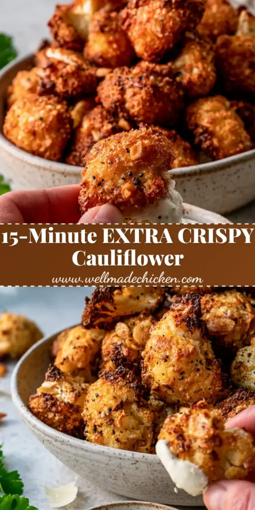 Crispy Parmesan Cauliflower Bites with Creamy Garlic Aioli 4 A close up smartphone photo of Crispy Parmesan Cauliflower Bites piled in a ceramic bowl, showing a floret dipped in thick garlic aioli.