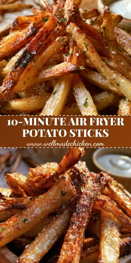 Potato Stick Recipe: The Crispiest Air Fryer Matchsticks 3 A heap of crispy, golden-brown potato stick matchsticks with charred edges and sea salt flakes in a wooden bowl.