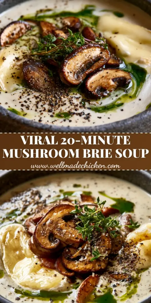 A close-up of mushroom and brie soup in a charcoal bowl with golden mushrooms, melted brie swirls, and green herb oil drizzle.
