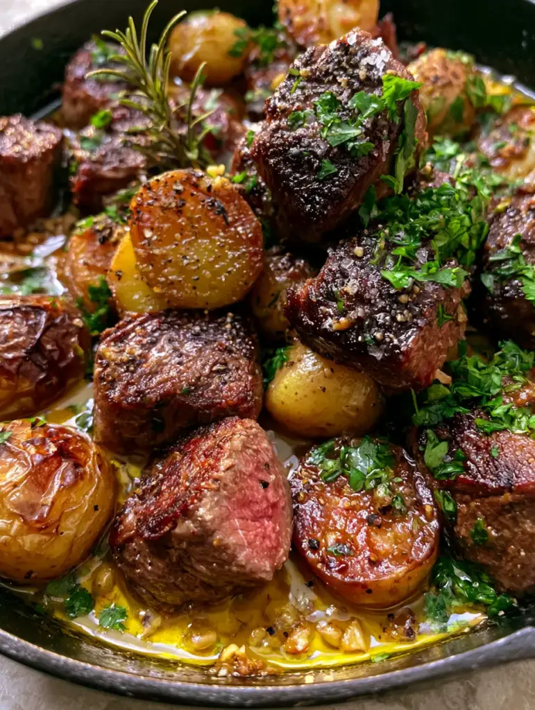 Steak Bites and Potatoes with Garlic Butter and Herbs 2 Close-up macro shot of seared steak bites and potatoes with visible salt crystals and fresh herbs. (steak bites and potatoes)