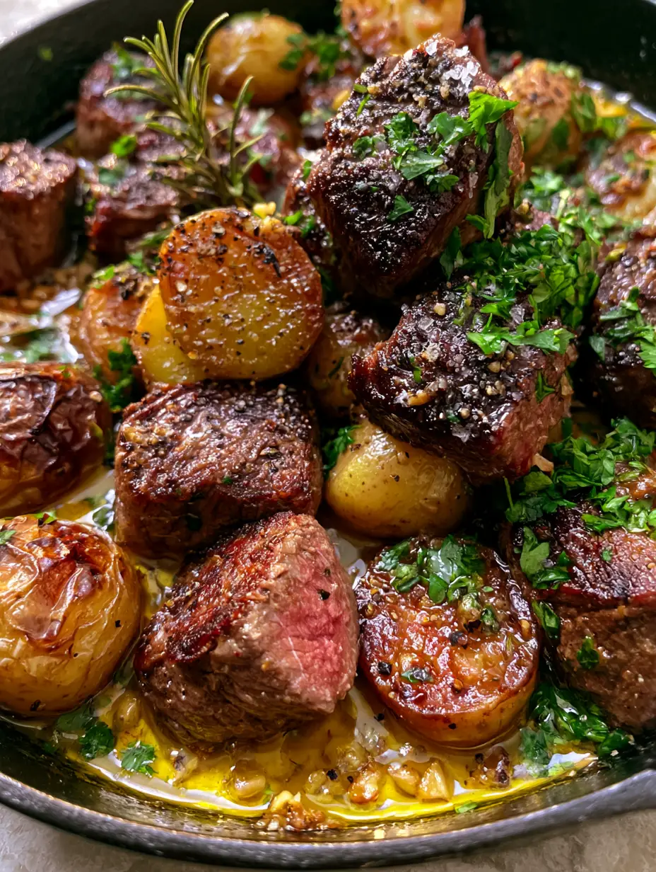 Steak Bites and Potatoes with Garlic Butter and Herbs 3 Close-up macro shot of seared steak bites and potatoes with visible salt crystals and fresh herbs. (steak bites and potatoes)