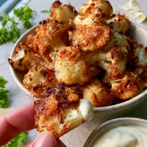Detailed view of the jagged, deeply golden brown parmesan crust on air-fried cauliflower bites with cracked black pepper.