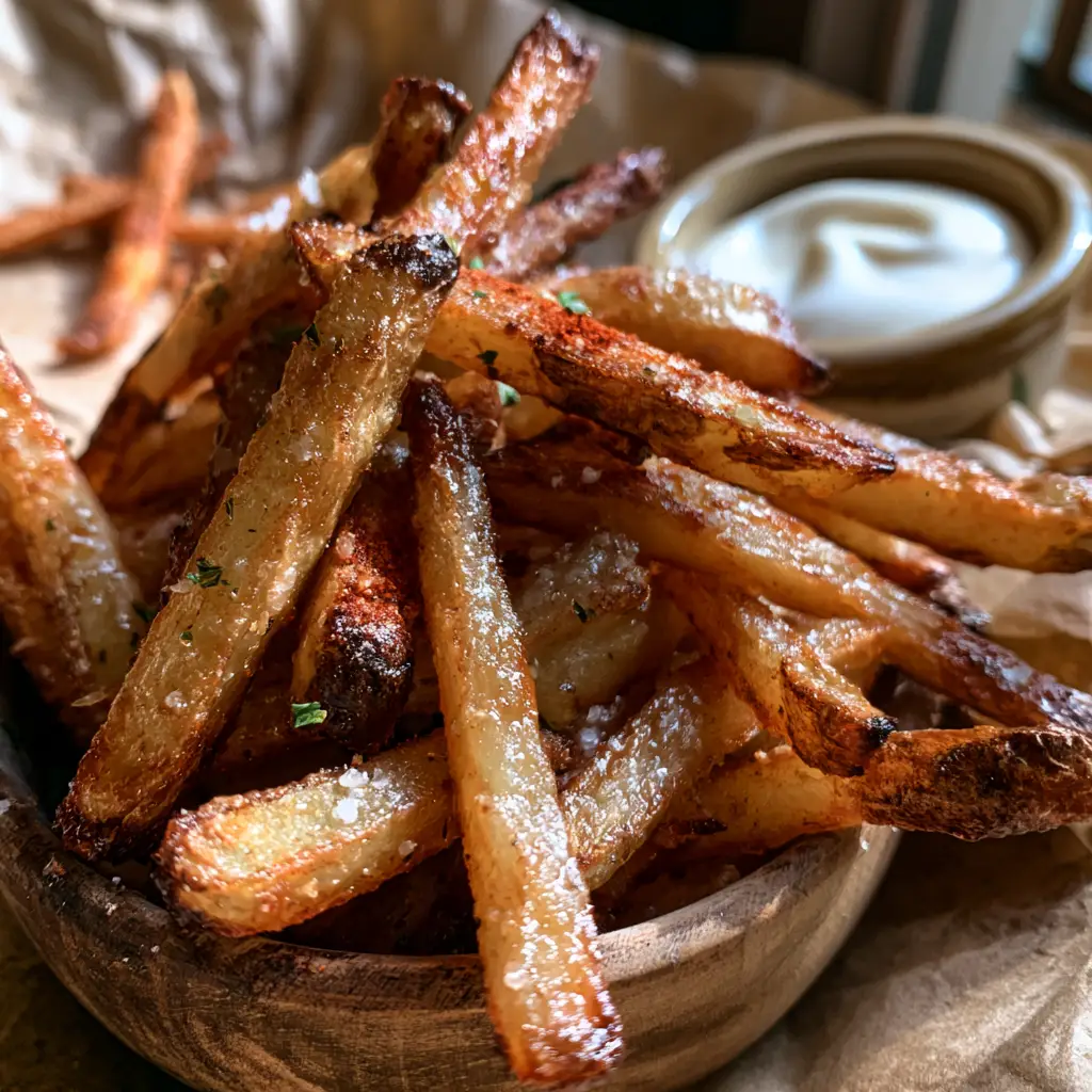 Close-up of golden potato stick matchsticks with smoked paprika dust and dried parsley flakes.