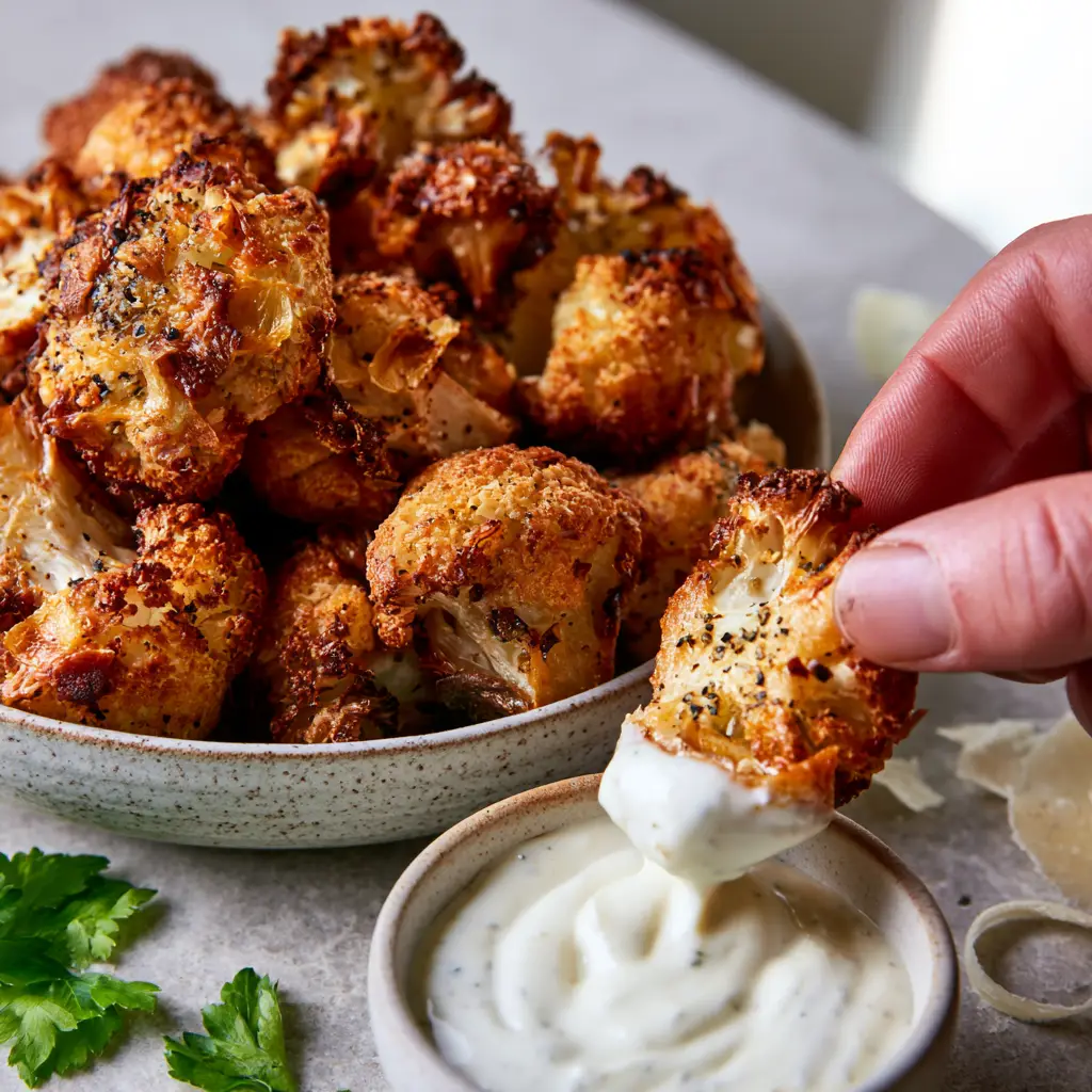 Crispy Parmesan Cauliflower Bites with Creamy Garlic Aioli 1 Air fried cauliflower bites garnished with shaved parmesan curls and fresh parsley on a gray stone surface.