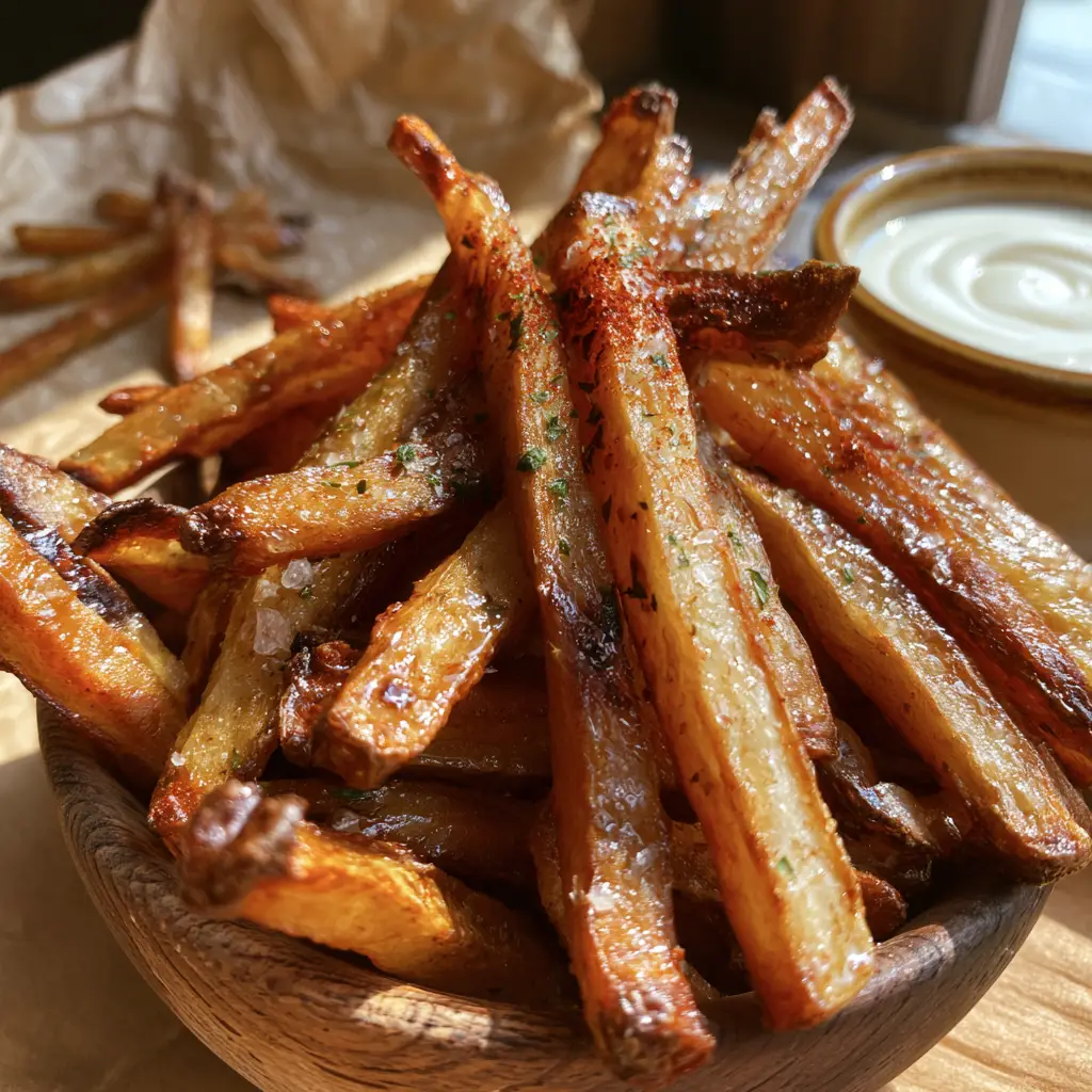 Potato Stick Recipe: The Crispiest Air Fryer Matchsticks 1 Potato stick matchsticks on brown parchment paper next to a white garlic dipping sauce ramekin.