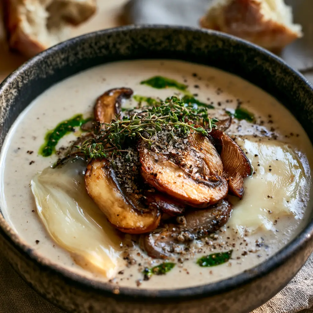 A marbled texture of melted brie swirling into a thick cream of mushroom soup with cracked black pepper.