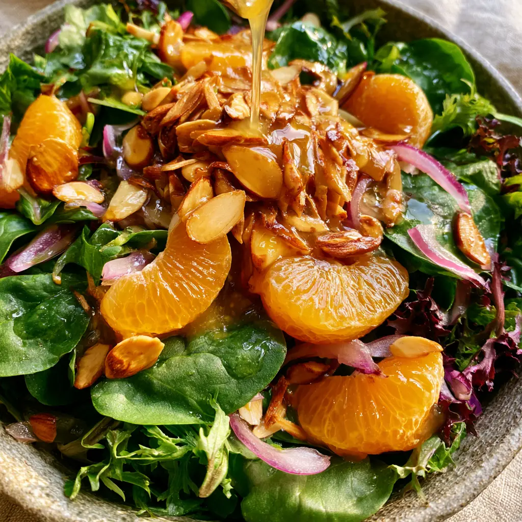 A thick, honey-colored vinaigrette drizzling over a fresh mandarin orange salad.