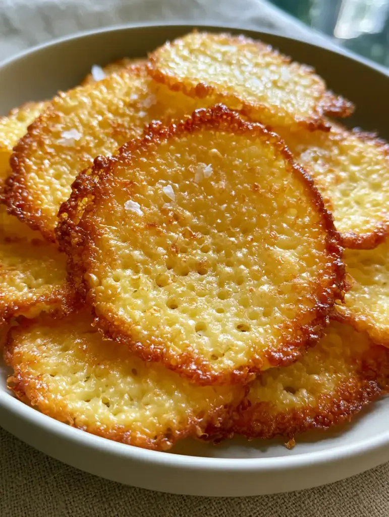 Crispy Cottage Cheese Chips: The Ultimate High-Protein Lacy Snack 1 A minimalist matte stoneware bowl filled with brittle cottage cheese chips on a linen tabletop.