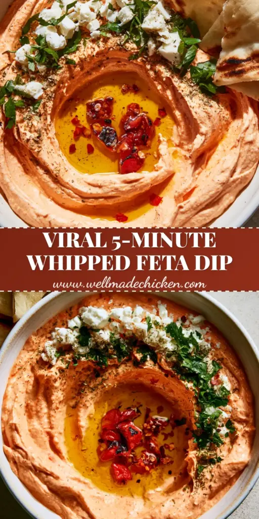 A top-down view of creamy red pepper feta dip in a white bowl with charred pita bread and olive oil drizzle.