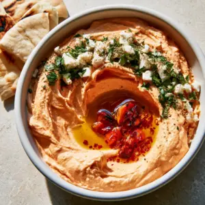 Close up of whipped red pepper feta dip showing aerated texture, swirls, and olive oil well.