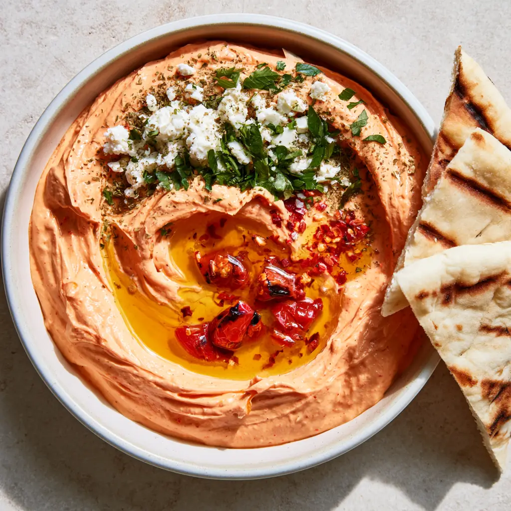 Artisanal bowl of red pepper feta dip garnished with feta chunks, parsley, and oregano on a stone surface.