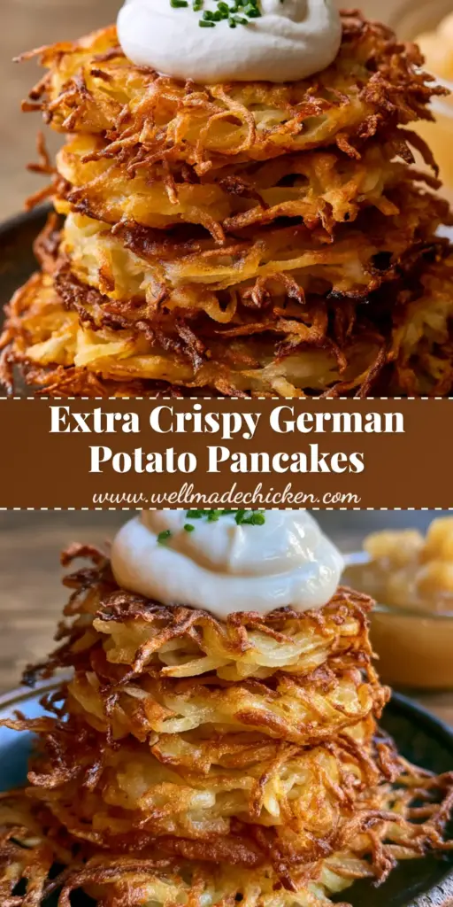 German Potato Pancakes: The Ultimate Crispy Kartoffelpuffer Recipe 3 A stack of crispy German Potato Pancakes topped with sour cream and chives on a dark rustic plate.
