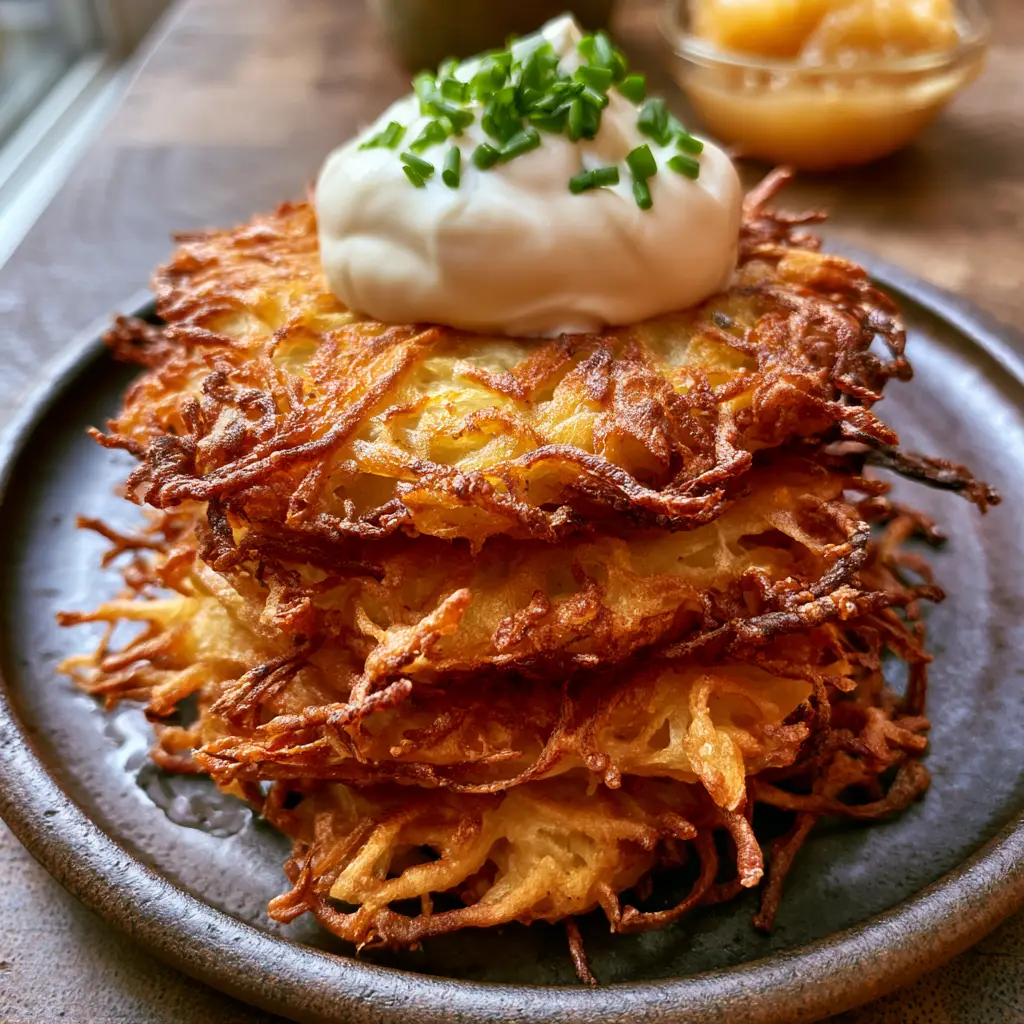 German Potato Pancakes: The Ultimate Crispy Kartoffelpuffer Recipe 2 Close up of shredded texture on German Potato Pancakes with golden-brown lacy edges.