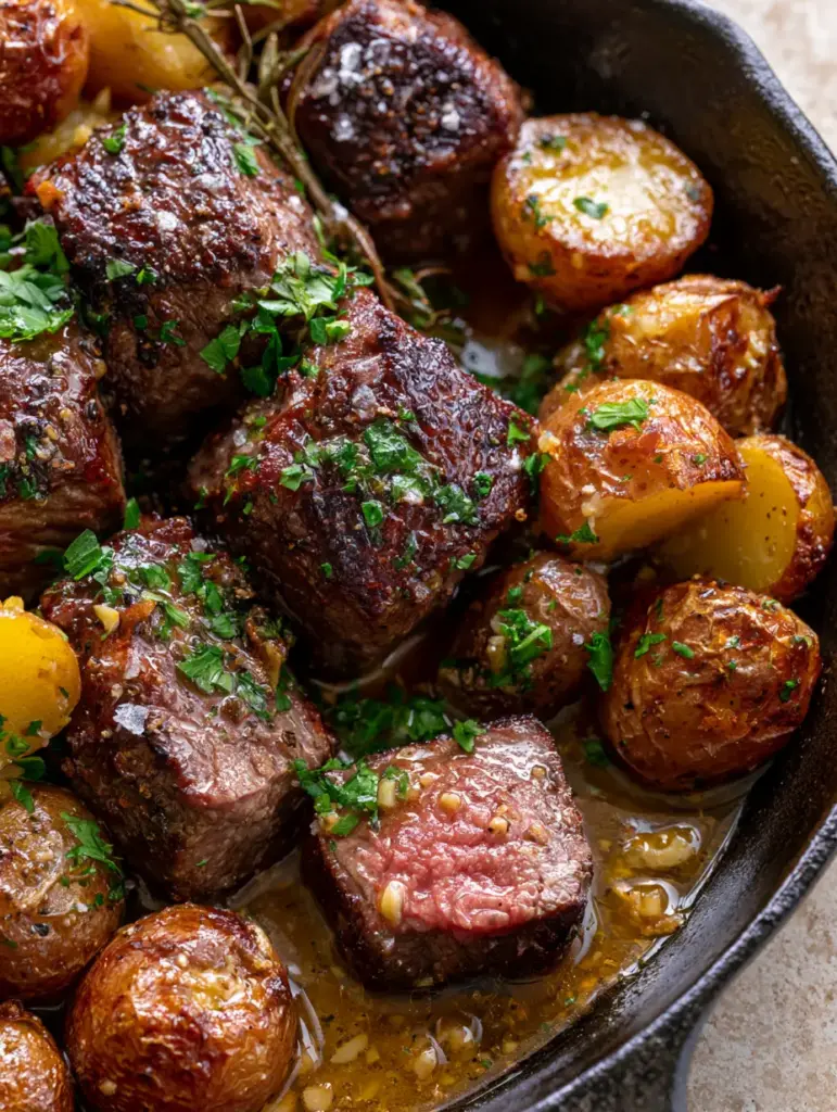 Steak Bites and Potatoes with Garlic Butter and Herbs 1 A sliced steak bite showing a medium-rare center next to blistered potatoes in a skillet. (steak bites and potatoes)