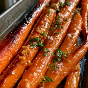 Macro view of whole roasted carrots with orange skin and dark caramelized edges. (honey garlic butter roasted carrots)