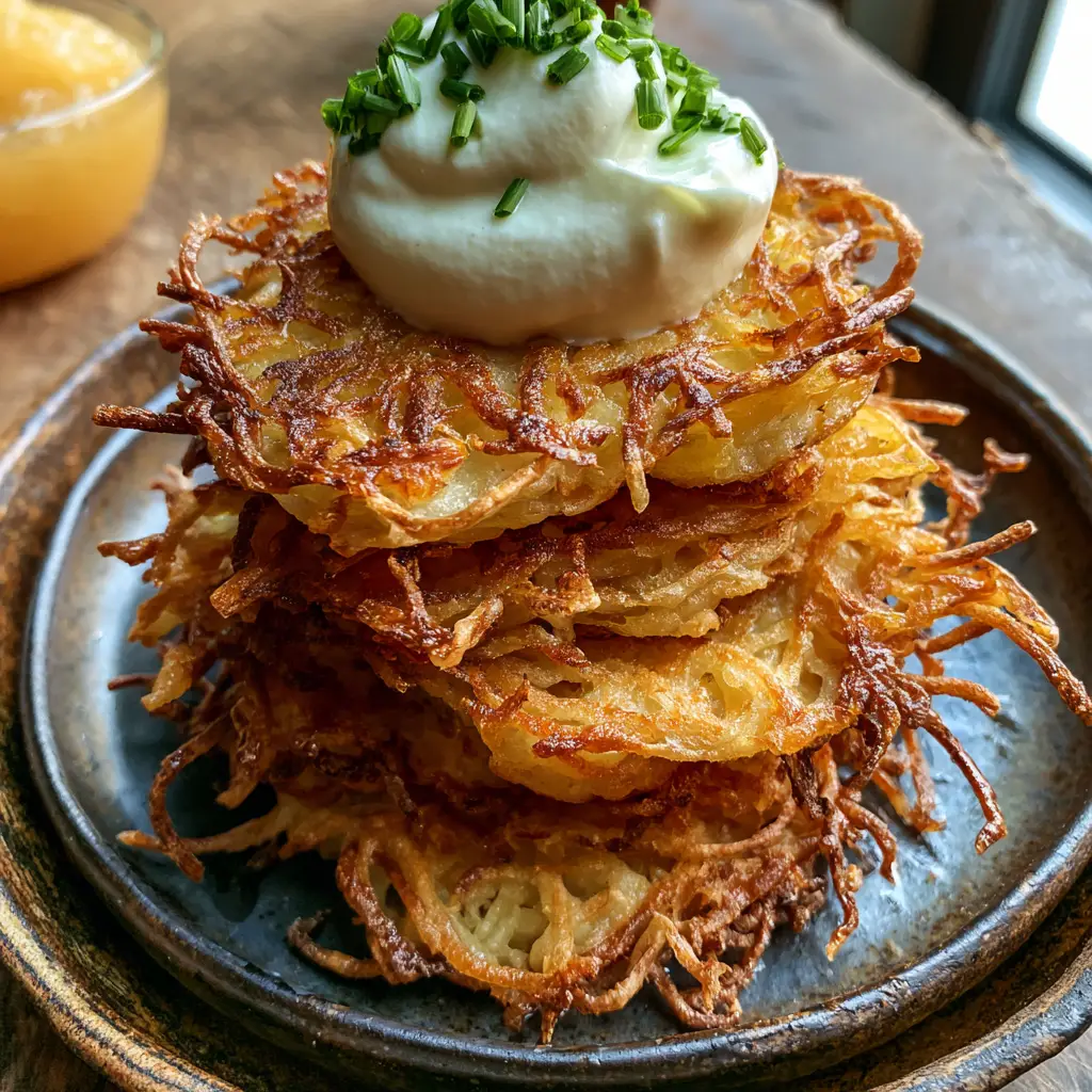 German Potato Pancakes: The Ultimate Crispy Kartoffelpuffer Recipe 1 German Potato Pancakes served with a side of golden applesauce and sour cream on a wooden table.