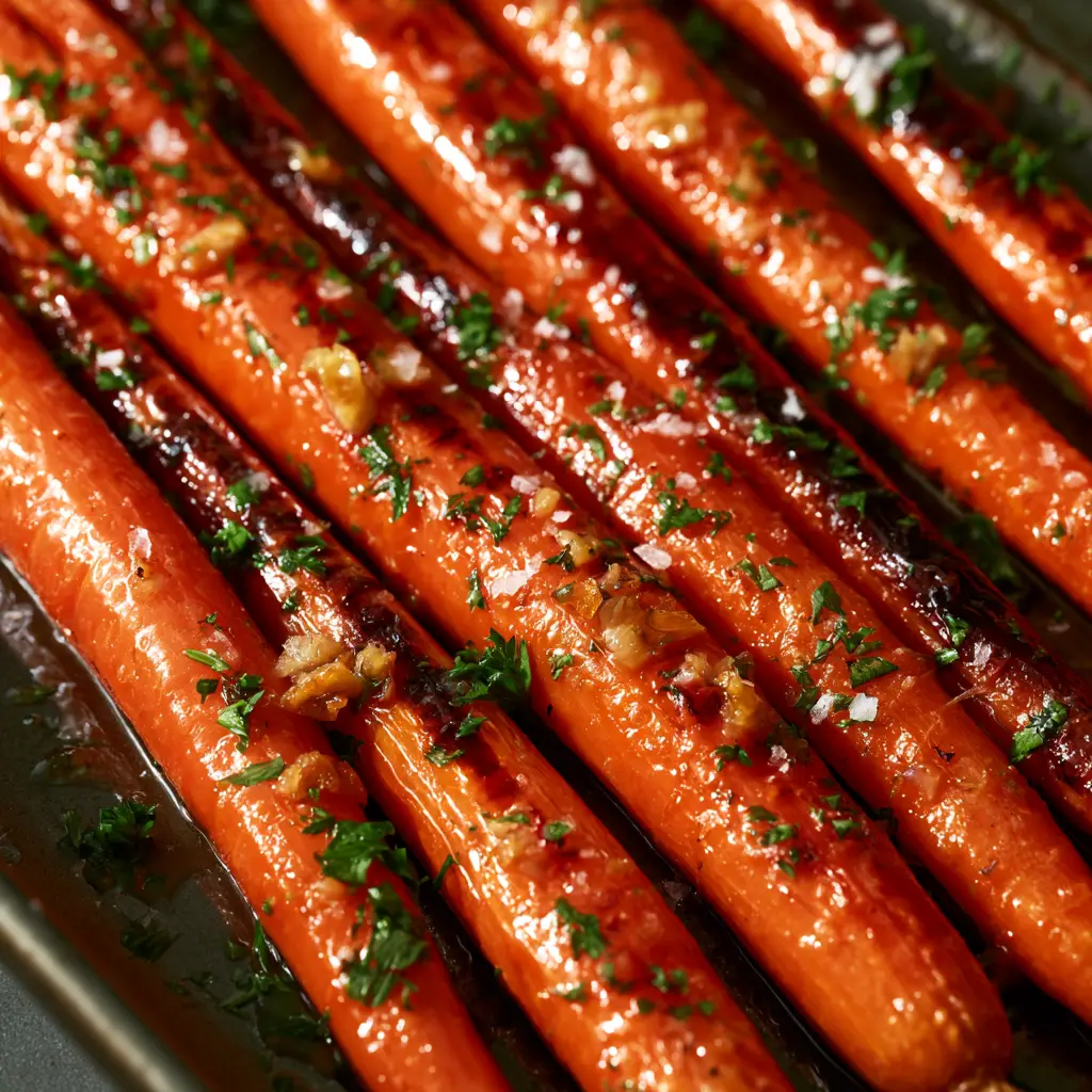 Honey Garlic Butter Roasted Carrots with Caramelized Edges 1 Roasted carrots with golden garlic bits and fresh parsley on a rustic dark grey baking sheet.