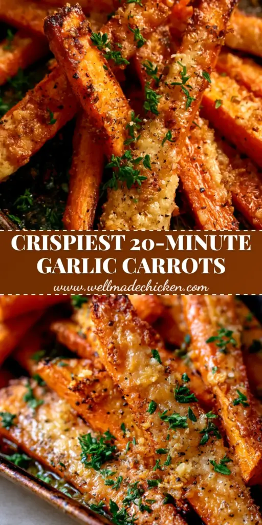 A rustic pile of Parmesan Garlic Roasted Carrots with a thick golden-brown cheese crust and fresh thyme on a grey background.
