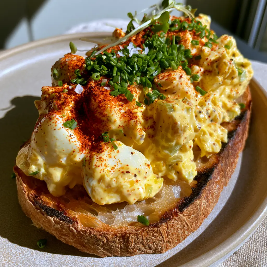 Deviled Egg Salad on Toasted Sourdough: The Ultimate Creamy Recipe 1 High-angle shot of deviled egg salad on sourdough toast with vibrant green chives and micro-greens.