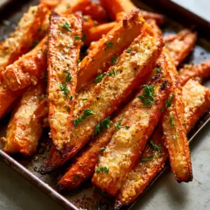 Handheld smartphone photo of extra crispy Parmesan Garlic Roasted Carrots on a dark baking sheet with golden parmesan crust.